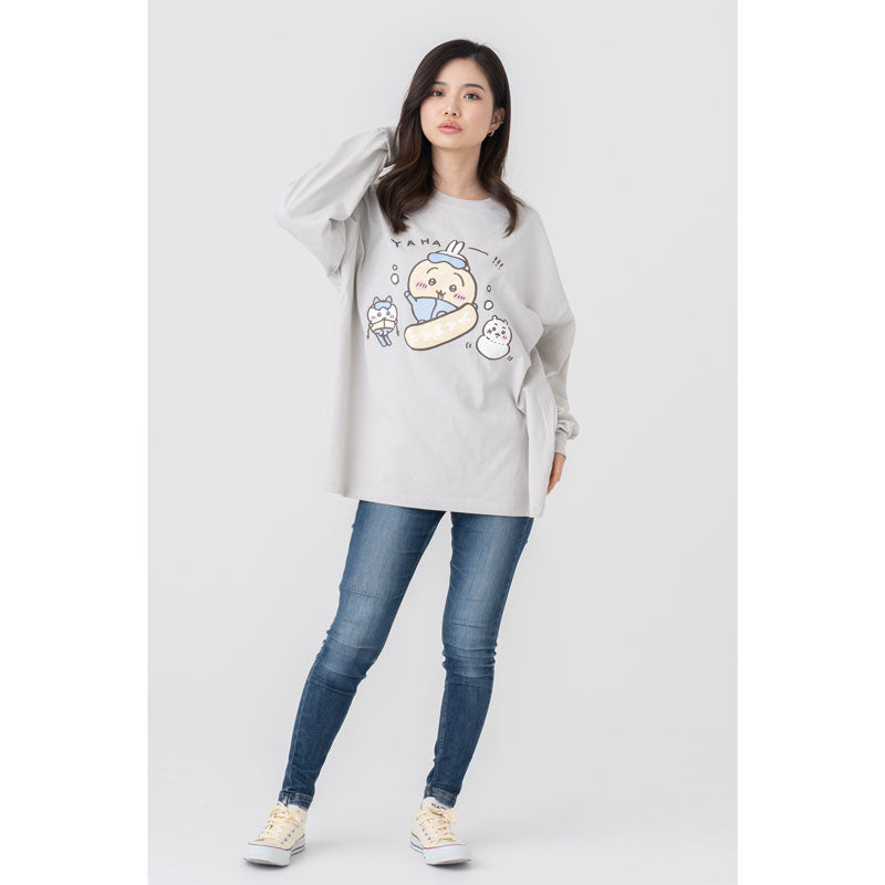 Chiikawa Tourism Big Silhouette L/S T-Shirt Usagi Snowboard (Gray)