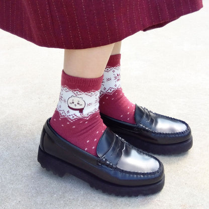 Chiikawa Embroidered Crew Socks (Nordic Pattern, Charcoal Grey) Women's