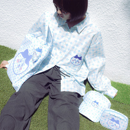 吉伊卡哇 格子系列衬衫 哈奇喵 蓝色