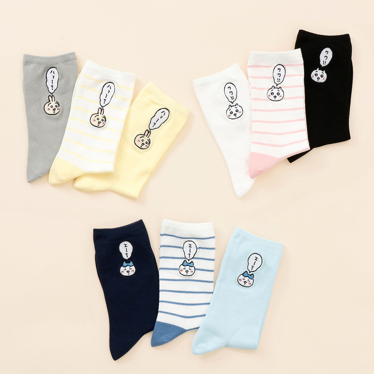 ちいかわ クルーソックス ワンポイント刺繍 ハチワレボーダー ブルー