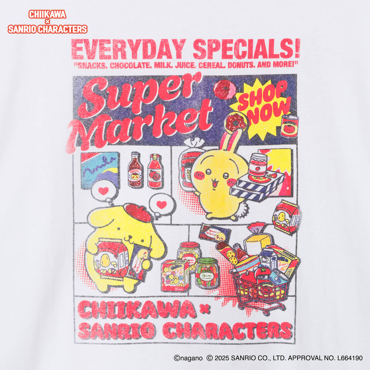 치이카와 × 산리오 캐릭터즈 티셔츠 슈퍼마켓 토끼・폼폼푸린 화이트