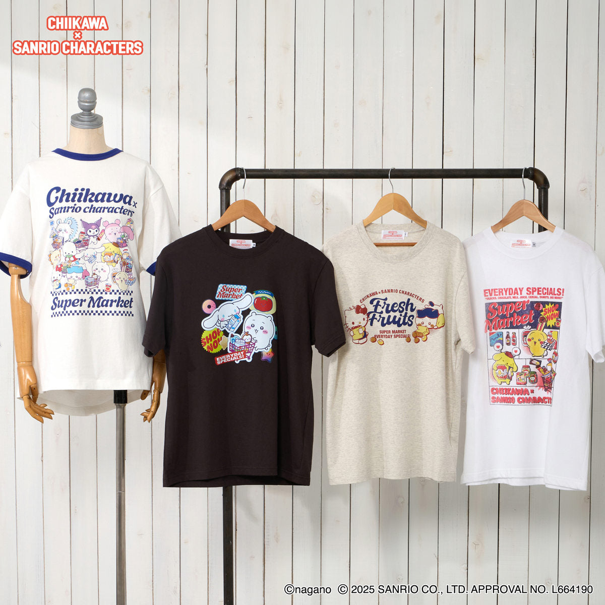 ちいかわ×サンリオキャラクターズ スーパーマーケットなTシャツ みんな バニラホワイト