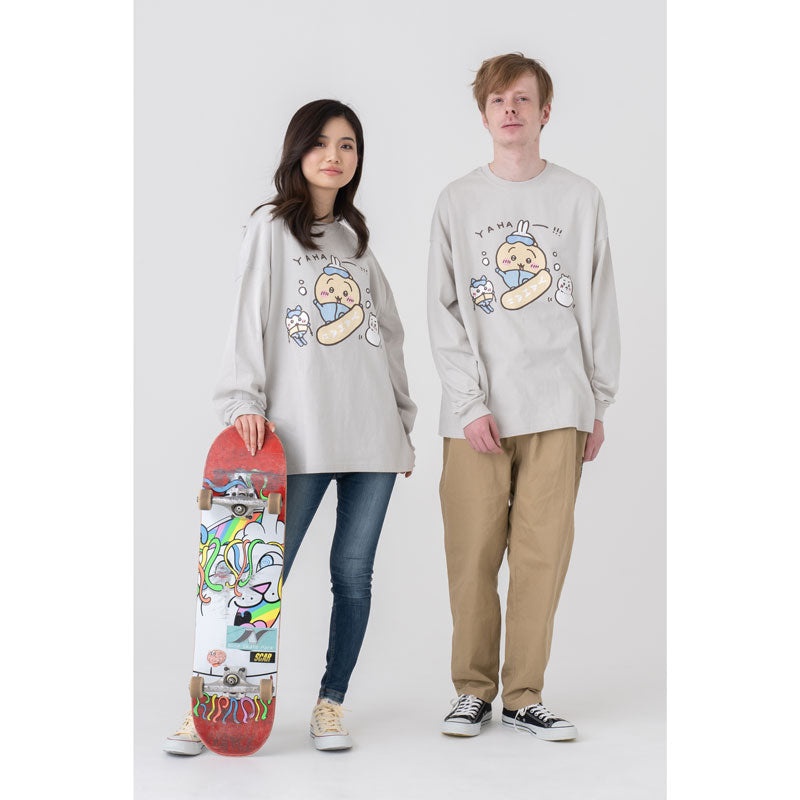 Chiikawa Tourism Big Silhouette L/S T-Shirt Usagi Snowboard (Gray)
